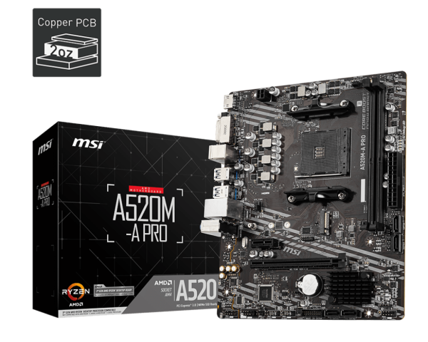 MSI MB A520M-A PRO, SOCKET AMD AM4, CS AMD A520, 2 DIMM SOCKETS DDR4, DVI-D/HDMI, GIGABIT LAN, MICRO-ATX, 3YW. A520M A PRO 1