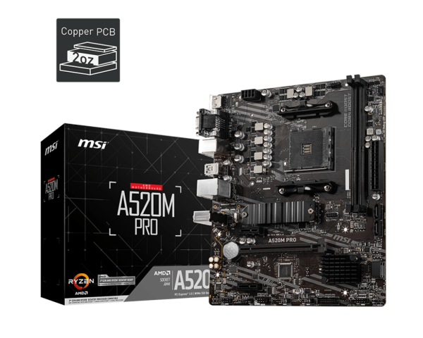 MSI MB A520M PRO, SOCKET AMD AM4, CS AMD A520, 2 DIMM SOCKETS DDR4, VGA/HDMI/DP, GIGABIT LAN, MICRO-ATX, 3YW. A520M PRO 1