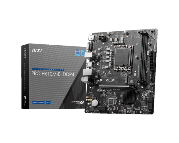 MSI MB PRO H610M-E DDR4, SOCKET INTEL LGA1700 14th/13th/12th GEN, CS INTEL H610, 2 DIMM SOCKETS DDR4, D-SUB/HDMI, LAN GIGABIT, MICRO-ATX, 3YW. PRO H610M E DDR4 1