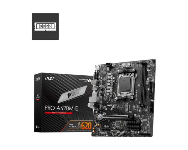 MSI MB PRO A620M-E, SOCKET AMD AM5, CS AMD A620, 2 DIMM SOCKETS DDR5, HDMI/VGA, LAN PORT, MICRO-ATX, 3YW. A620M E first 1