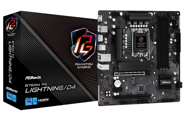 ASROCK MB B760M PG LIGHTING/ D4, SOCKET INTEL LGA1700 14th/13th/12th GEN INTEL CPU, CS INTEL B760, 4 DIMM SOCKET DDR4, HDMI/DP, GIGABIT LAN, MICRO-ATX, 3YW ASROCK B760M PG LIGHTING D4 MAIN 1