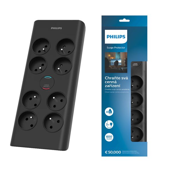 Philips Anti-surge power strip extension cord 8 sockets 2m 16A black - 4895229118331