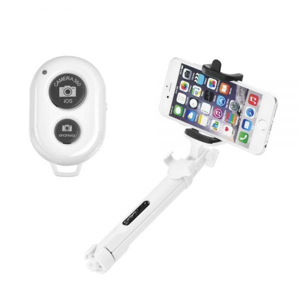 Combo selfie stick with tripod and remote control bluetooth white