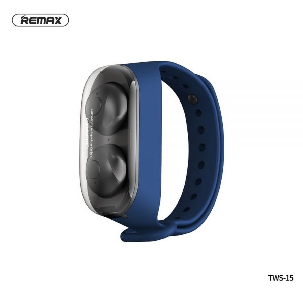 REMAX wireless stereo earbuds TWS-15 with docking station in smartband blue