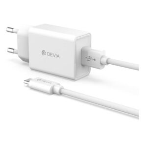 Travel Charger Devia M4-05200A1-VDE with Single USB 2Α & USB C Cable EC082 1m Smart Series White