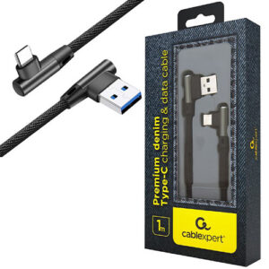 CABLEXPERT PREMIUM JEANS (denim) TYPE-C USB CABLE WITH METAL CONNECTORS 1M BLACK ANGLED RETAIL PACK
