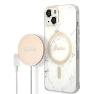 Original Set GUESS GUBPP14SHMEACSH for iPhone 14 (Bundle Pack Magsafe: Case + Charger / IMG Marble / Gold - White)