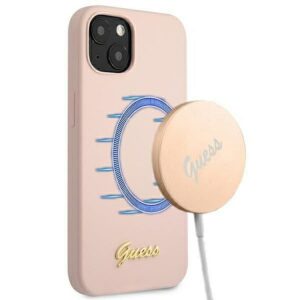 Original faceplate case GUESS GUHMP13MLSLMGLP for iPhone 13 (Silicone Script Gold Logo + MAG / light pink)