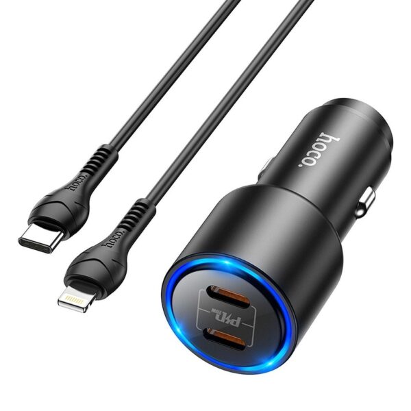 HOCO car charger 2x Type C Clear Way Power Delivery PD40W QC + kabel Type C for iPhone Lightning 8-pin NZ3 black