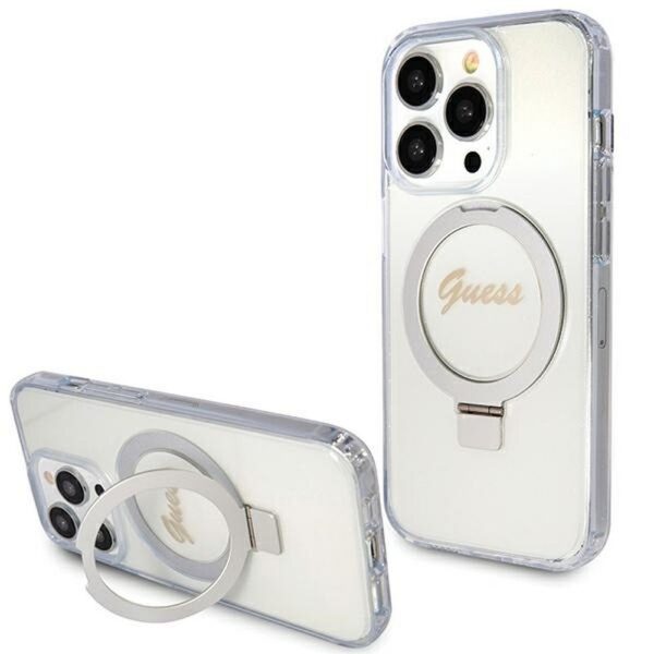 Original faceplate case GUESS GUHMP15LHRSGSD for iPhone 15 Pro (Magsafe / Glitter Script Logo / Ring stand / transparent)