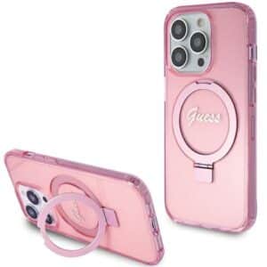 Original faceplate case GUESS GUHMP15LHRSGSP for iPhone 15 Pro (Magsafe / Glitter Script Logo / Ring stand / pink)