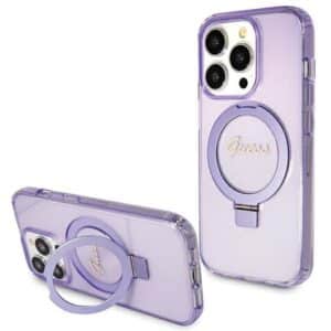 Original faceplate case GUESS GUHMP15LHRSGSU for iPhone 15 Pro (Magsafe / Glitter Script Logo / Ring stand / purple)