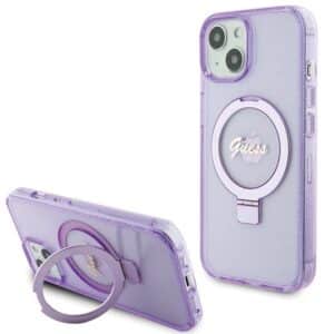 Original faceplate case GUESS GUHMP15MHRSGSU for iPhone 15 Plus (Magsafe / Glitter Script Logo / Ring stand / purple)