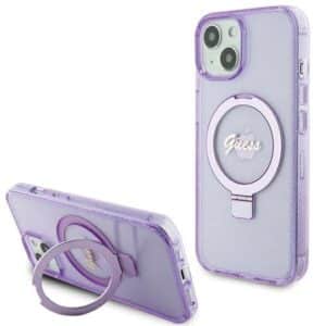 Original faceplate case GUESS GUHMP15SHRSGSU for iPhone 15 (Magsafe / Glitter Script Logo / Ring stand / purple)