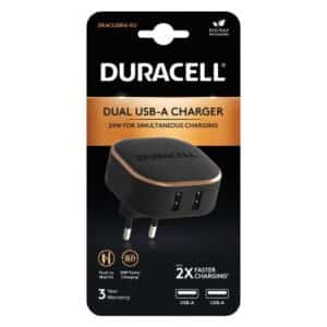 Travel Charger Duracell 24W with Dual Output USB A 4.8A Black