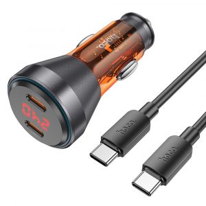 HOCO car charger 2 x Typ C QC 30W with digital display + cable Type C for Type C PD60W transparent orange