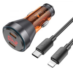 HOCO car charger 2 x Type C QC 30W with digital display + cable Type C to Lightning PD60W transparent orange