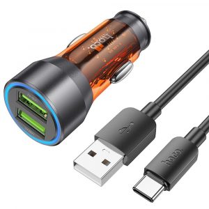 HOCO car charger 2 x USB QC3.0 18W + cable USB to Type C NZ12 transpatent orange