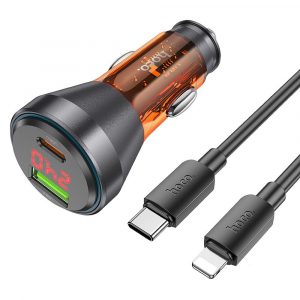 HOCO car charger USB QC 18W + Type C 30W with digital display + cable Type C for Lightning PD48W NZ12B transparent orange