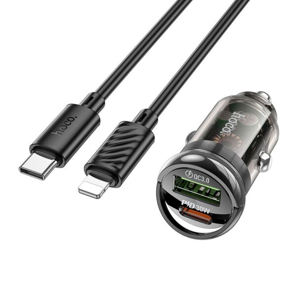 HOCO car charger USB QC3.0 + Type C + cable Type C to Apple Lightning 8-pin PD 30W Z53A black