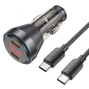 HOCO car charger 2 x Type C 30W with digital display + cable Type C to Type C PD60W NZ12C transparent black