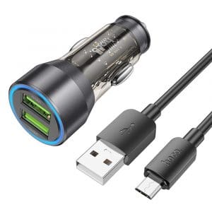 HOCO car charger 2 x USB QC 18W + cable USB to Micro NZ12 transparent black