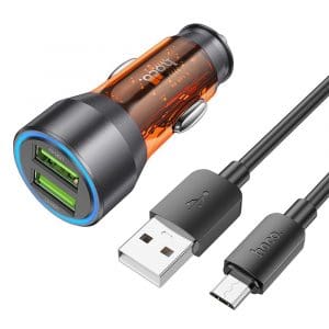 HOCO car charger 2 x USB QC 18W + cable USB to Micro NZ12 transparent orange