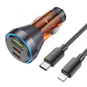 HOCO car charger USB QC 18W + 2 x Type C 30W + cabel Type C to Lightning PD60W NZ12D transparent orange
