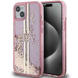 Original faceplate case GUESS GUHCP15SLFCSEGP for iPhone 15 (Liquid Glitter Gold Stripes / pink)