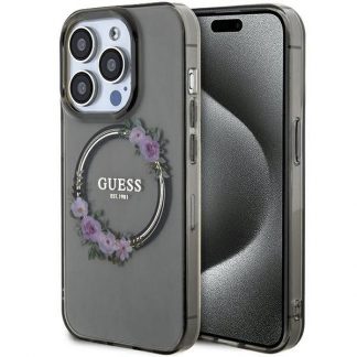 Original faceplate case GUESS GUHMP15LHFWFCK for iPhone 15 Pro (Compatible with Magsafe / Flowers Wreath / black)