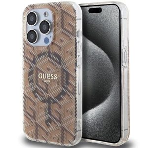 Original faceplate case GUESS GUHMP15LHGCUSTGW for iPhone 15 Pro (Compatible with Magsafe / IML GCUBE / brown)