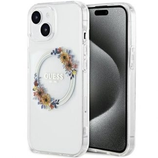 Original faceplate case GUESS GUHMP15SHFWFCT for iPhone 15 (Compatible with Magsafe / Flowers Wreath / transparent)