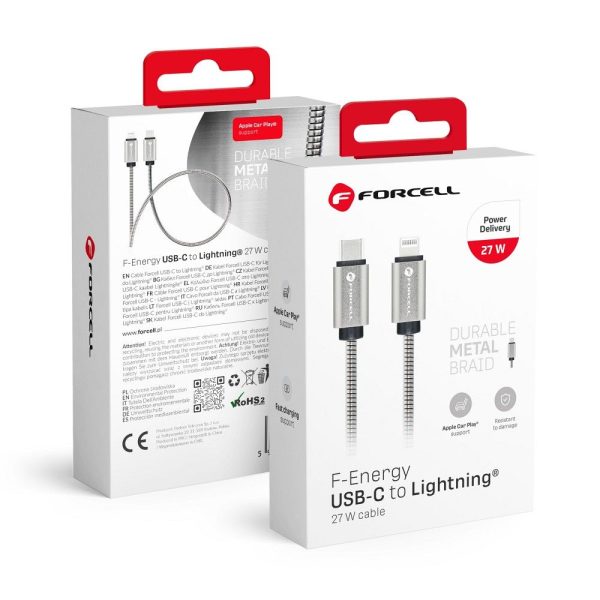 FORCELL cable Type C to iPhone Lightning 8-pin QC3.0 PD 27W Metal C238 1m silver