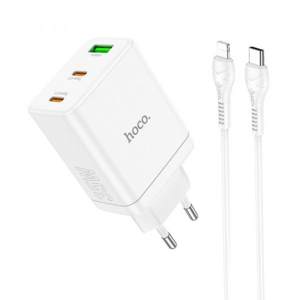 HOCO charger 2 x Type C + USB A + cable Type C to Lightning QC PD 35W N33 white