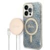 Original Set GUESS GUBPP14LH4EACSB for iPhone 14 Pro (Bundle Pack Compatible with Magsafe: Case + Charger / 4G / Gold - Blue)