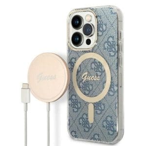 Original Set GUESS GUBPP14LH4EACSB for iPhone 14 Pro (Bundle Pack Compatible with Magsafe: Case + Charger / 4G / Gold - Blue)