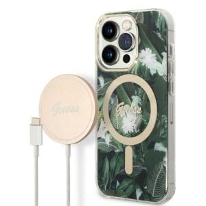 Original Set GUESS GUBPP14XHJEACSA for iPhone 14 Pro Max (Bundle Pack Compatible with Magsafe: Case + Charger / IMG Jungle / Gold - Kaki)