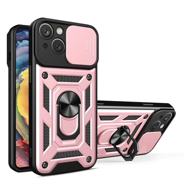Hybrid Armor Camshield case for iPhone 14 Plus armored case with camera cover pink