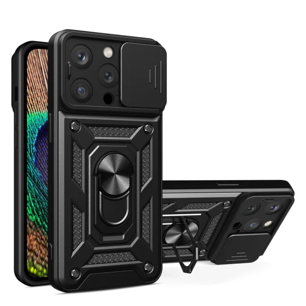 Hybrid Armor Camshield case with stand and camera cover for iPhone 15 Pro - black