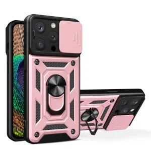 Hybrid Armor Camshield case with stand and camera cover for iPhone 15 Pro - pink