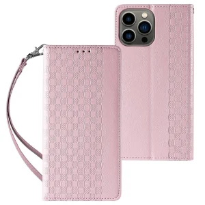 Magnet Strap Case Case for iPhone 14 Pro Flip Wallet Mini Lanyard Stand Pink