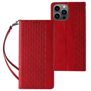Magnet Strap Case Case for iPhone 14 Pro Max Flip Wallet Mini Lanyard Stand Red