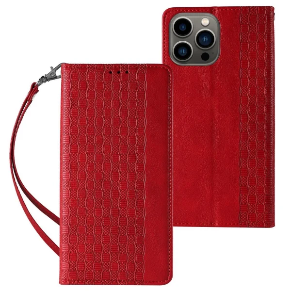 Magnet Strap Case Case for iPhone 14 Pro Max Flip Wallet Mini Lanyard Stand Red