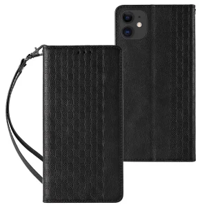 Magnet Strap Case for iPhone 12 Pouch Wallet + Mini Lanyard Pendant Black