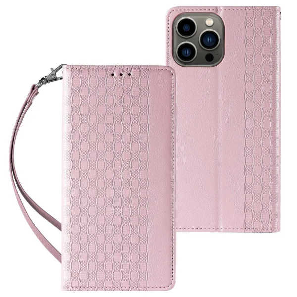 Magnet Strap Case iPhone 14 Case Flip Wallet Mini Lanyard Stand Pink