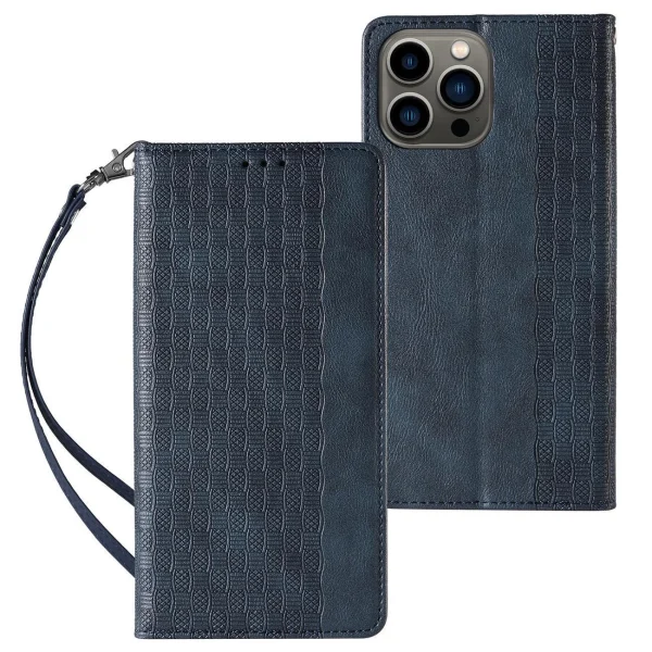 Magnet Strap Case iPhone 14 Pro Flip Wallet Mini Lanyard Stand Blue