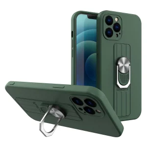 Ring Case silicone case with finger grip and stand for Samsung Galaxy A22 4G dark green