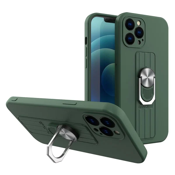 Ring Case silicone case with finger grip and stand for Samsung Galaxy A42 5G dark green
