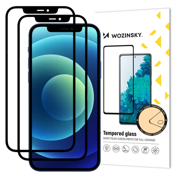 Wozinsky 2x Tempered Glass Full Glue Super Tough Screen Protector Full Coveraged with Frame Case Friendly for iPhone 12 Pro / iPhone 12 black