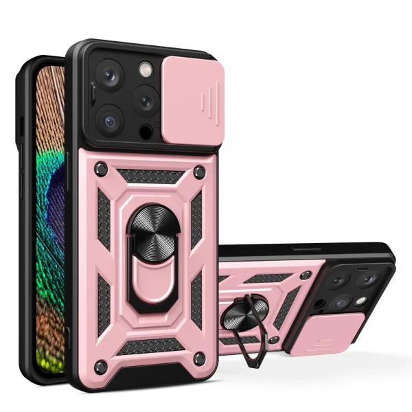 iPhone 15 Pro Max Hybrid Armor Camshield Case with Kickstand and Camera Cover - Pink